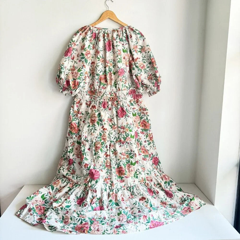 Anthropologie White Floral Puff-Sleeve Maxi Dress with Pink & Green Print - Picture 6 of 8